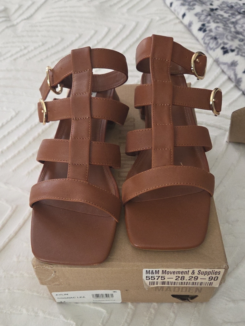 Steve Madden Tan Strappy Block Heel Sandals with Gold Buckles